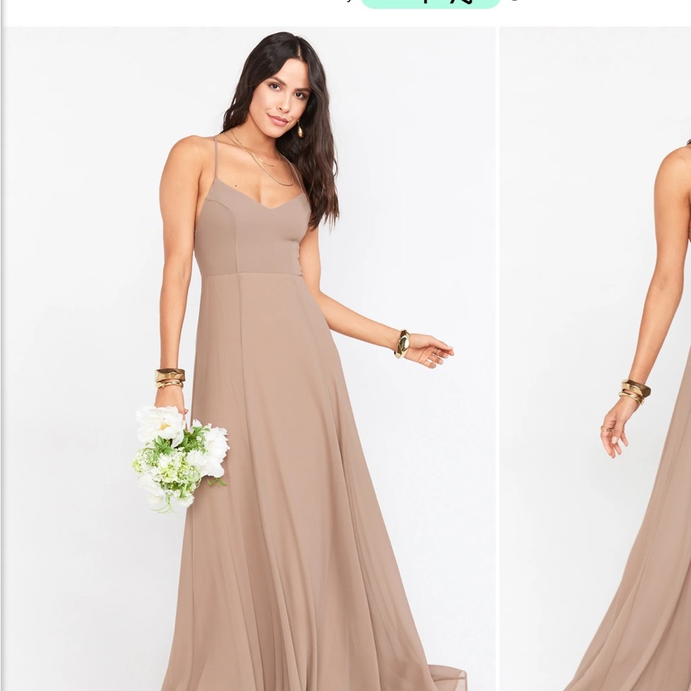 show me your mumu goodshaw goddess gown, sand/dune color bridesmaids dress, L